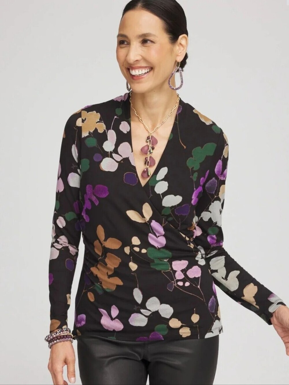 Chicos Touch of Cool Black Purple Tee Black Long Sleeve Knit Top Rayon Sz 2 L